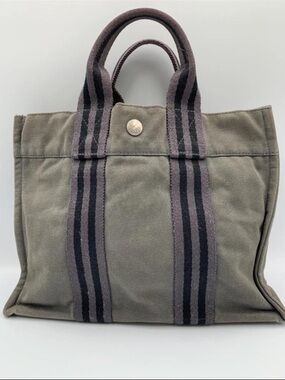Hermes Olive Canvas Tote with Dark Striped Handles